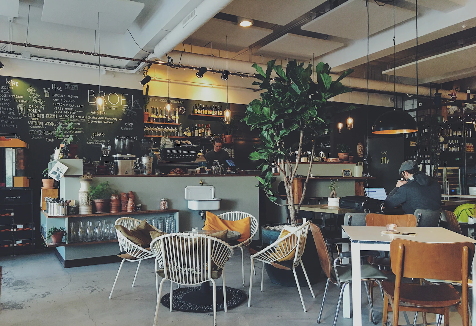 Cozy small café interior with hanging lights